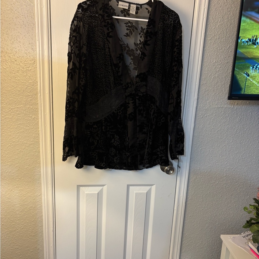 Chico's Sheer Black Floral Blouse - Picture 6 of 10